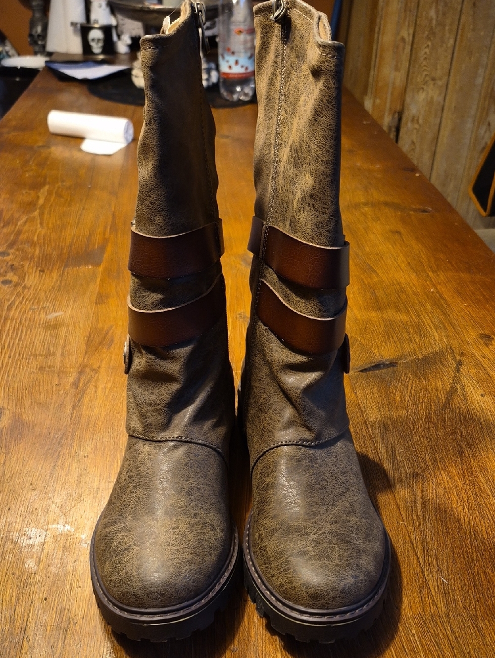 Women’s Distressed Brown Mid-Calf Ankle Boots with Strap Detail